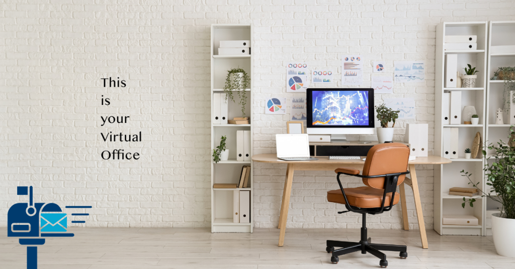 A clean modern office desk with shelves, plants and charts on the wall, representing a virtual office address for professionals